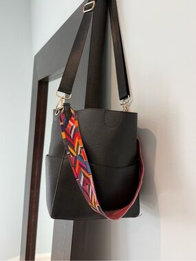 Black faux Crossbody Tote with Colorful Strap
